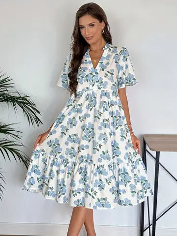 Trendy Floral (Hydrangea) V Neck Midi Dress for Women - Short Sleeve Tiered Ruffle Hem Casual Summer Dress