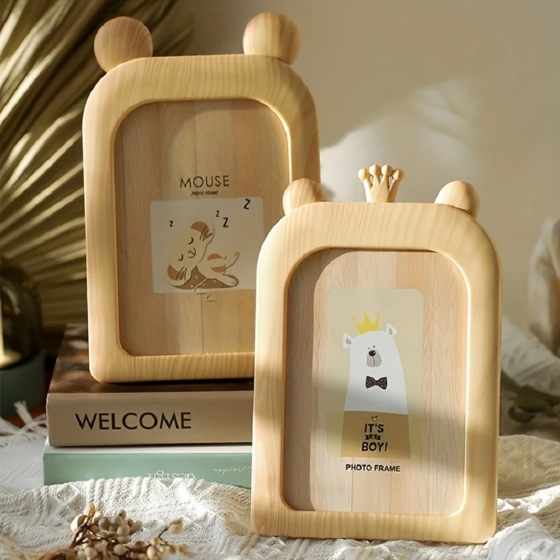 1pc Cartoon Instagram Style Plastic Photo Frame, Desktop Ornament Can Be Hung on the Wall, Imitation Wood Grain Photo Frame