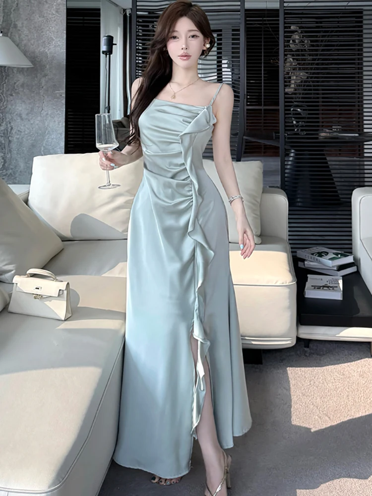 Frauen Solide Acetat Satin Chic Rüschen Langes Kleid Sommer Elegante Schlinge Sexy Abendkleid 2025, Koreanische Vintage Bodycon Prom Kleid