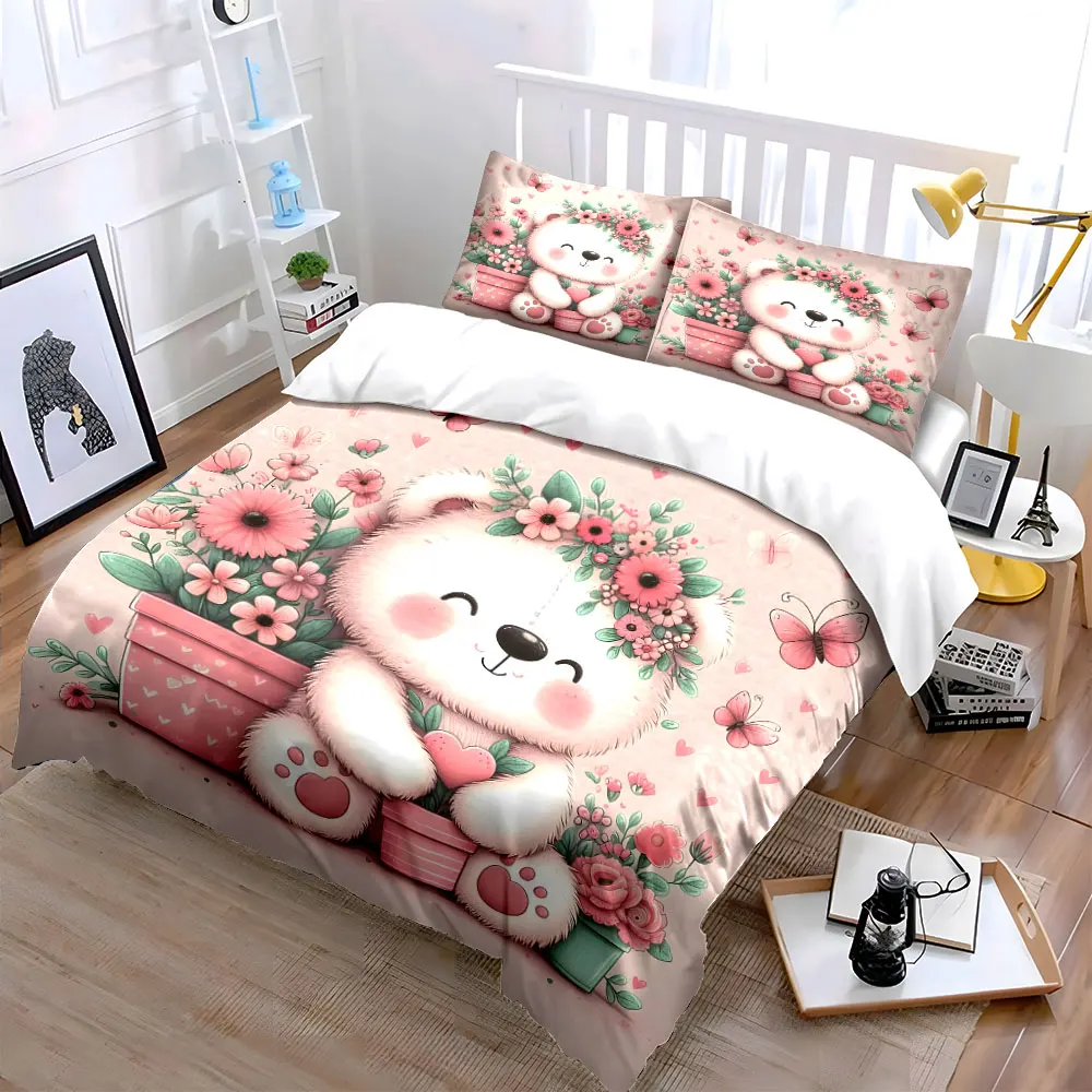 Cute bear with pink flowers Bedding Set for Kids Luxury Gift 3pcs Digital Print Comforter Set Soft Comfortable Breathable
