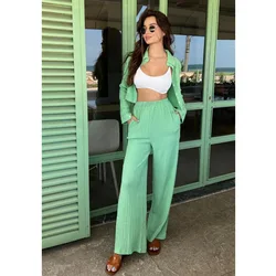 Women Pants Sets Tracksuit Solid Wide Leg Pants High Waist Ankle Length Cardigan Blouses Loose Fit Pockets Basics Button