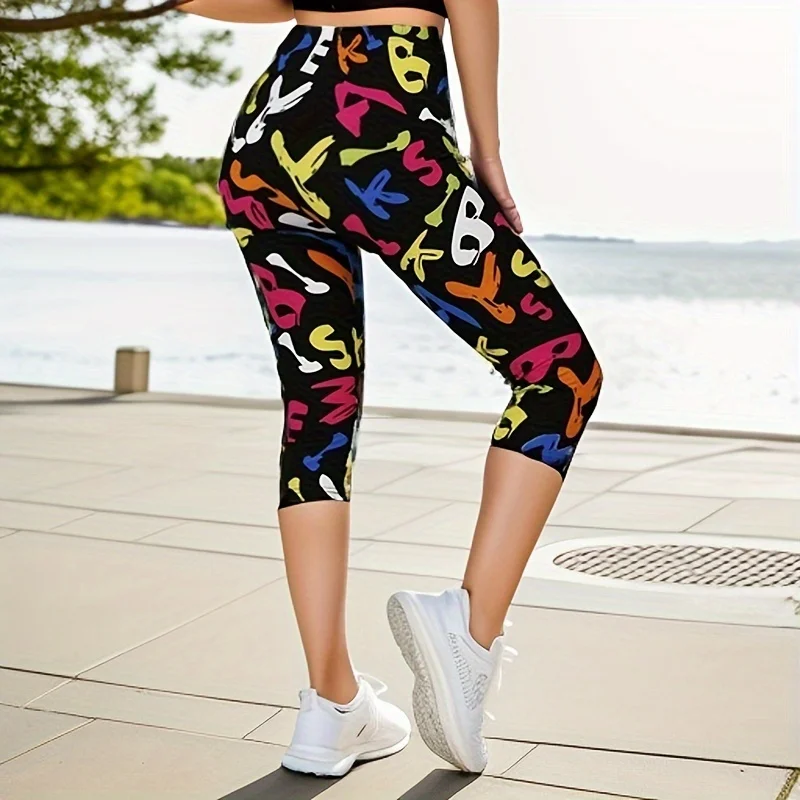 QR30 Colored Letters Summer Printed Pants, Soft and Elastic Casual Sports WOMEN\'S Fitness Capris