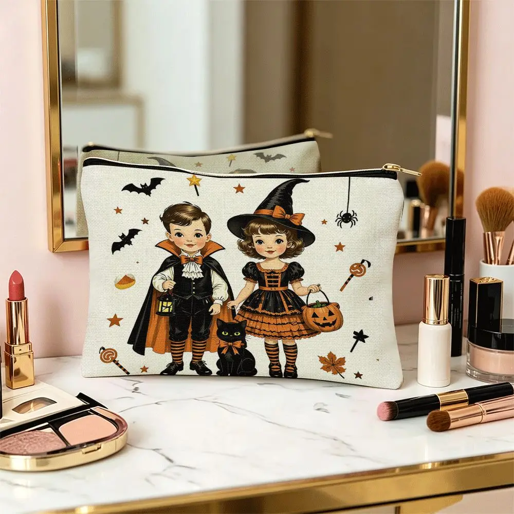 Halloween Themed Portable Makeup Bag Halloween Pattern Design Zipper Closure Student Stationery Pouch Suitable for Gifting