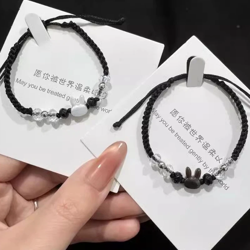 2025 اليدوية حبل أسود سوار عشاق الأصدقاء الطبيعية Moonstone أرنب سحر قابل للتعديل أساور حزب زوجين مجوهرات هدايا #3