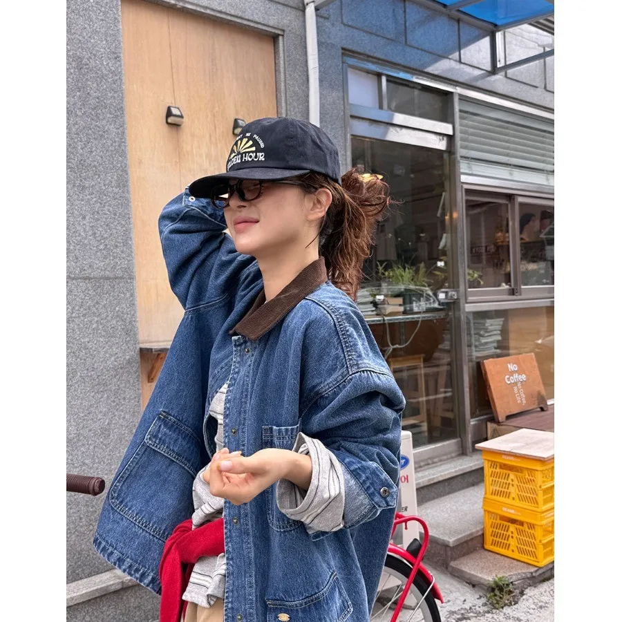 

Retro Hong Kong Sle Corduroy Color Blo Long Sve Collar ket Loose Fit Denim Jaet for Women Chic Autumn New Arrival