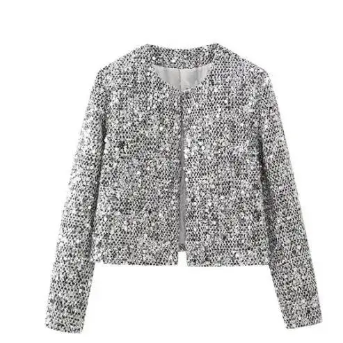 سترة نسائية Y2K الطيار للخريف والشتاء برقبة دائرية بلون سادة سترة تويد مستقيمة ترتر وأكمام طويلة ملابس خارجية عصرية