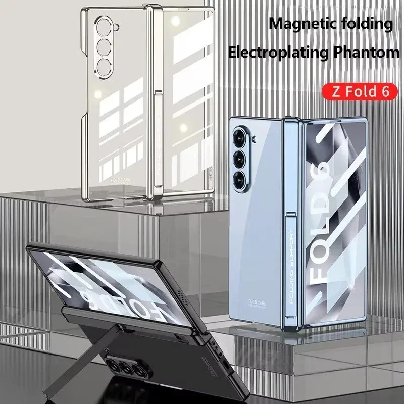 Luxury Magnetic Hinge Plating Clear Case For Samsung Galaxy Z Fold 6 Full Screen Protective Holder Cover for Galaxy Z Fold6 Case