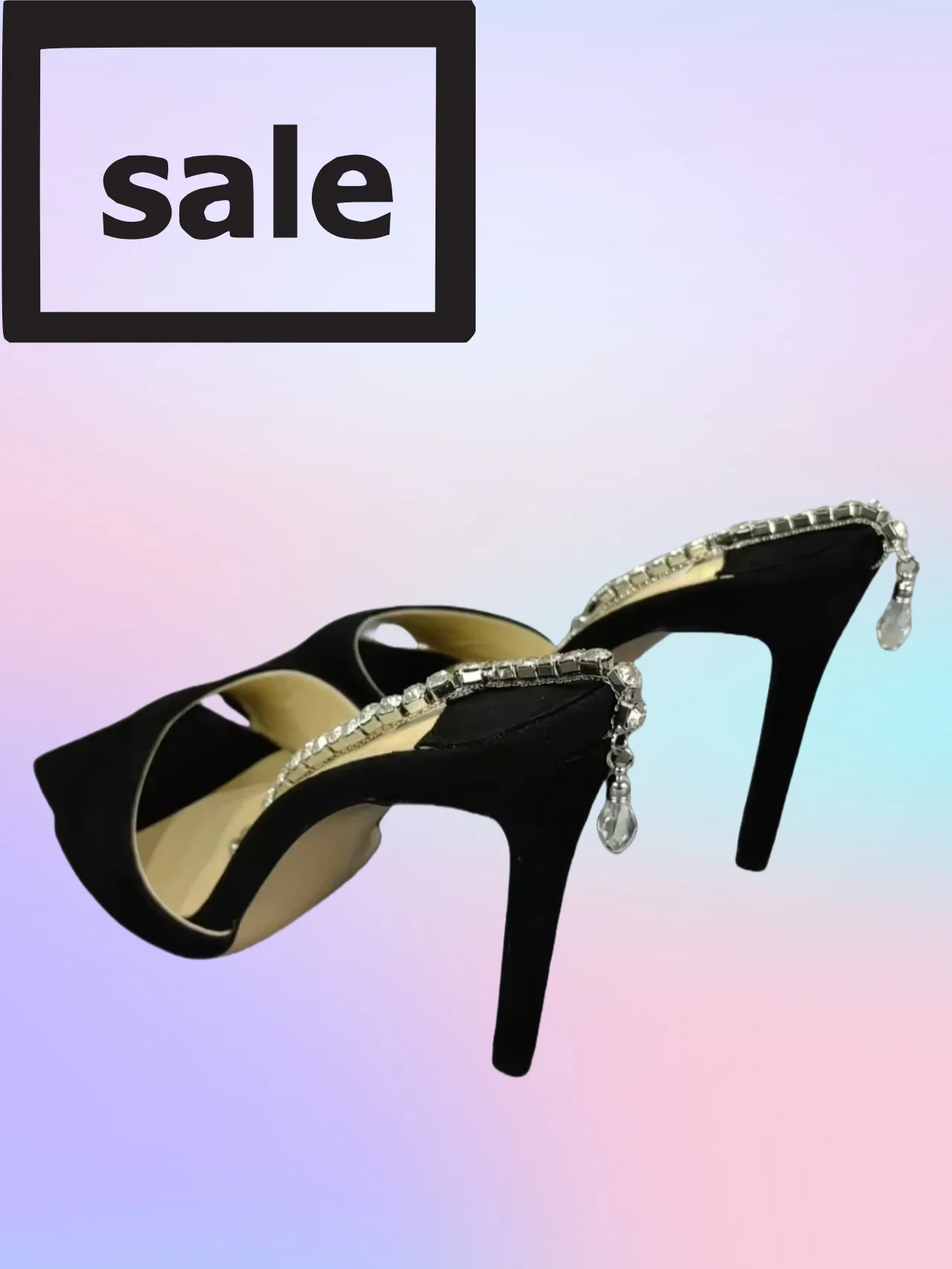 

Spring 2025 New Black Suede Women Sandals Diamond Chain Decoration Elegant Square Toe Stiletto Heels Plus Size Women's Shoes