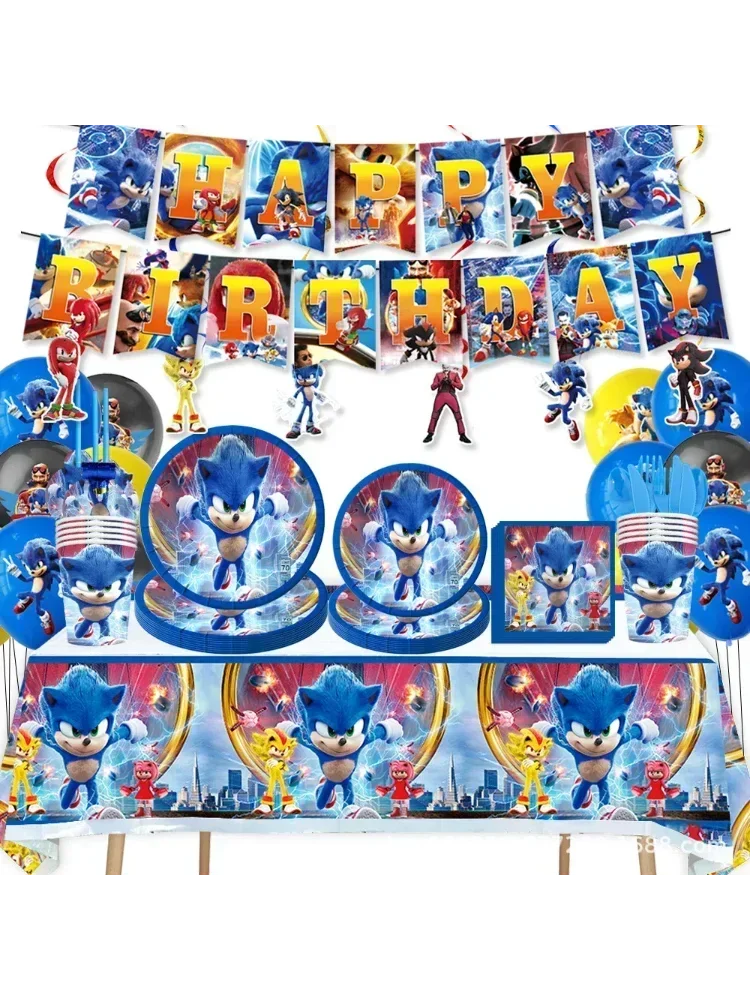 Nouveau dessin animé Sonic fête fournitures garçons fête d'anniversaire jetable ensemble de vaisselle assiette en papier tasse serviette ballon bébé douche décor