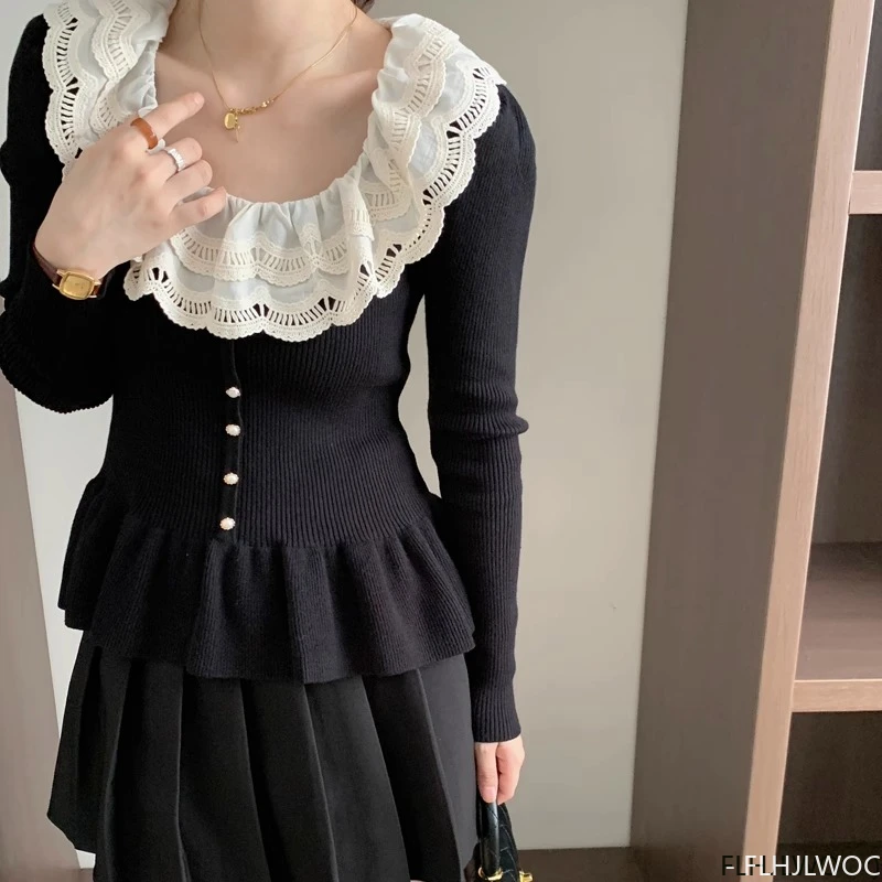 Hollow Out White Lace Tops Ruffles 2023 Woman O Neck Formal Design Black Cute Sweet Girls Knitted Jumper Pullovers Sweaters