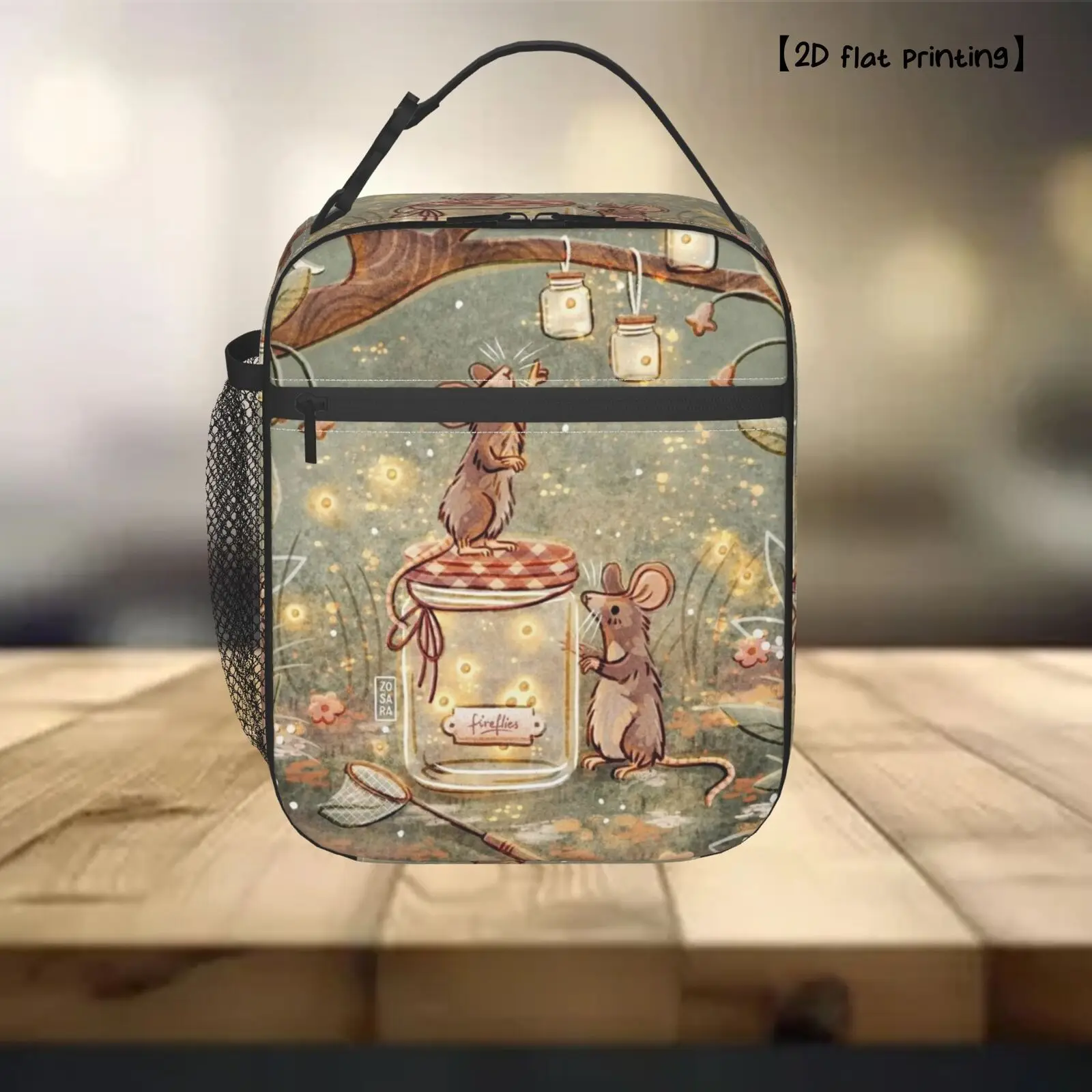 1pc Cute Mouse Mushroom Forest Lunch Bag - Reusable Bento Box Tote with Heart Cutouts, Durable Rectangular Lunchbox