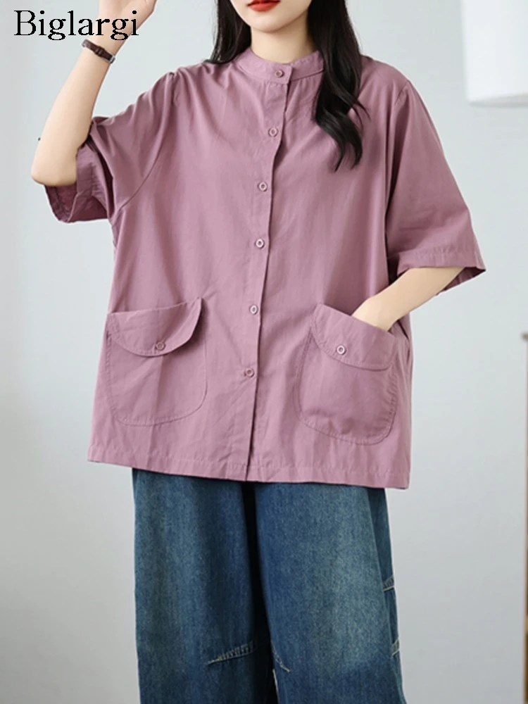 

Oversized Summer New Shirts Women Casual Loose Fashion Ruffle Pleated Ladies Blouses Stand Collar Woman Shirt