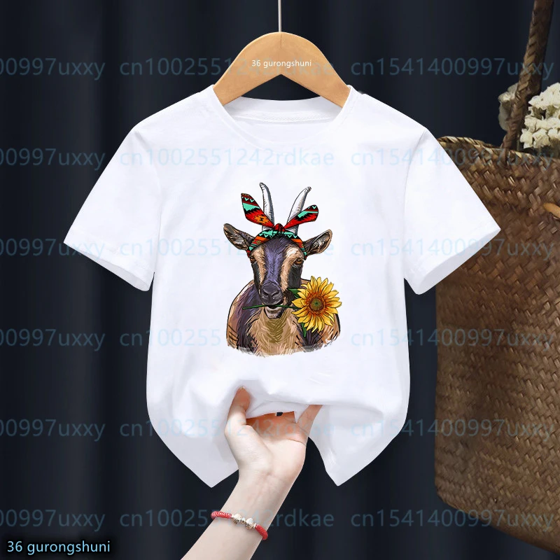 New Hot Girls T-Shirt Funny Sunflower Cow Goat Animal Print T-Shirt Boys Cute Boys Girls Unisex Clothes Summer Children Tshirts