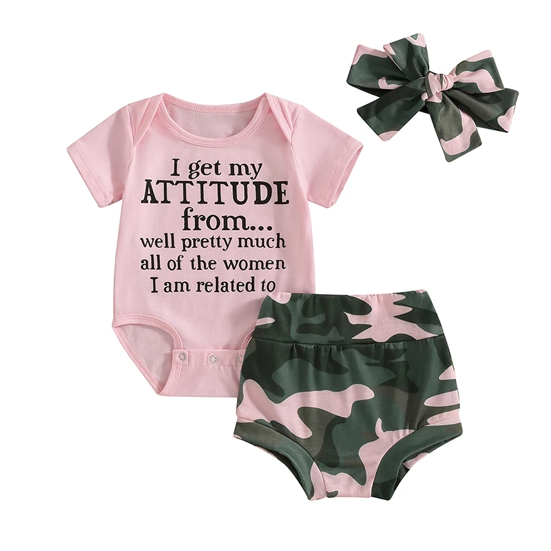 

Baby Girls Summer Clothes Letters Baby Girl Romper Baby Shorts With Headband 3 Piece Infant Girl Set