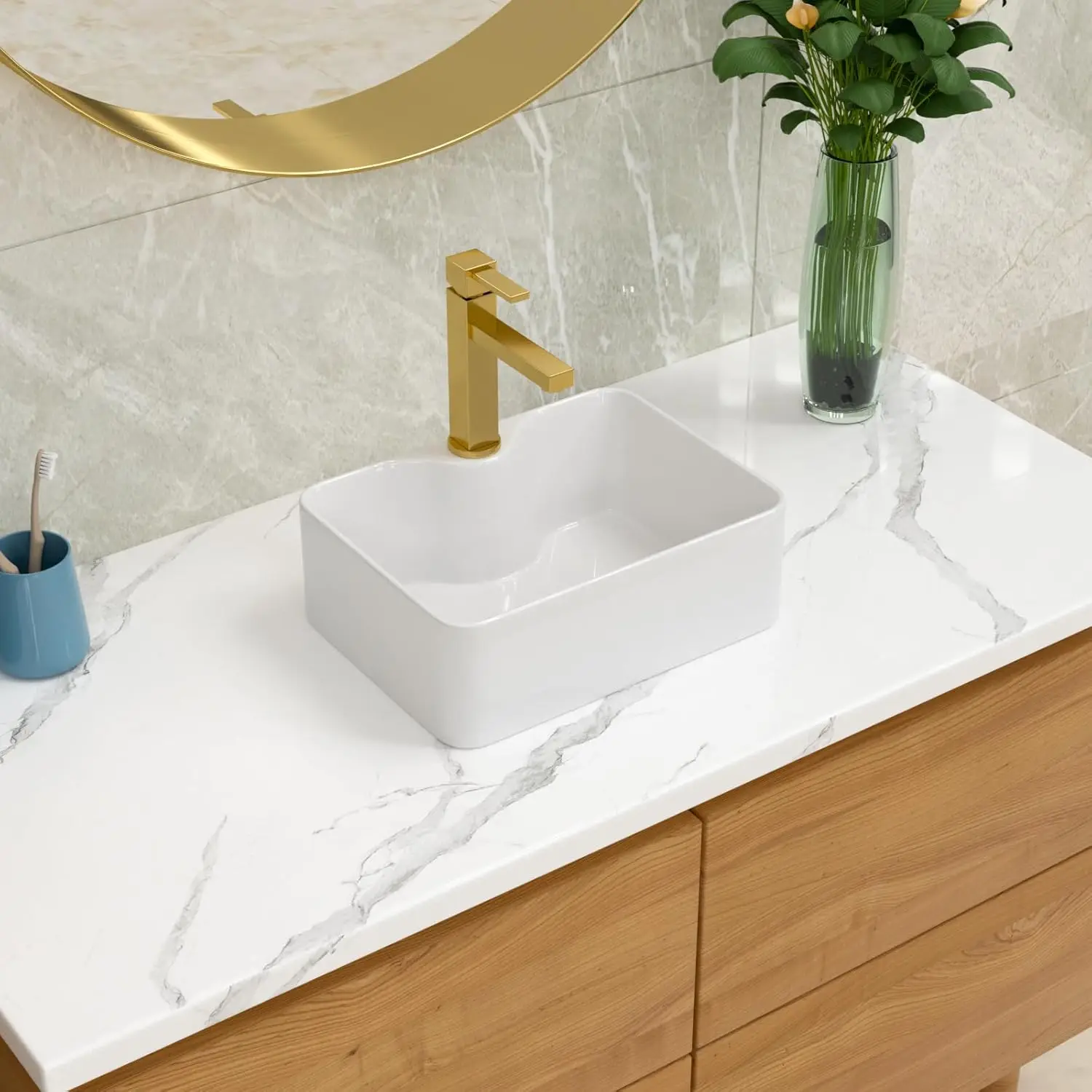 

Bathroom Vessel Sink 16"x12" Rectangle Above Counter White Porcelain Ceramic Modern Vanity Sink Art Basin Sink for Bathr