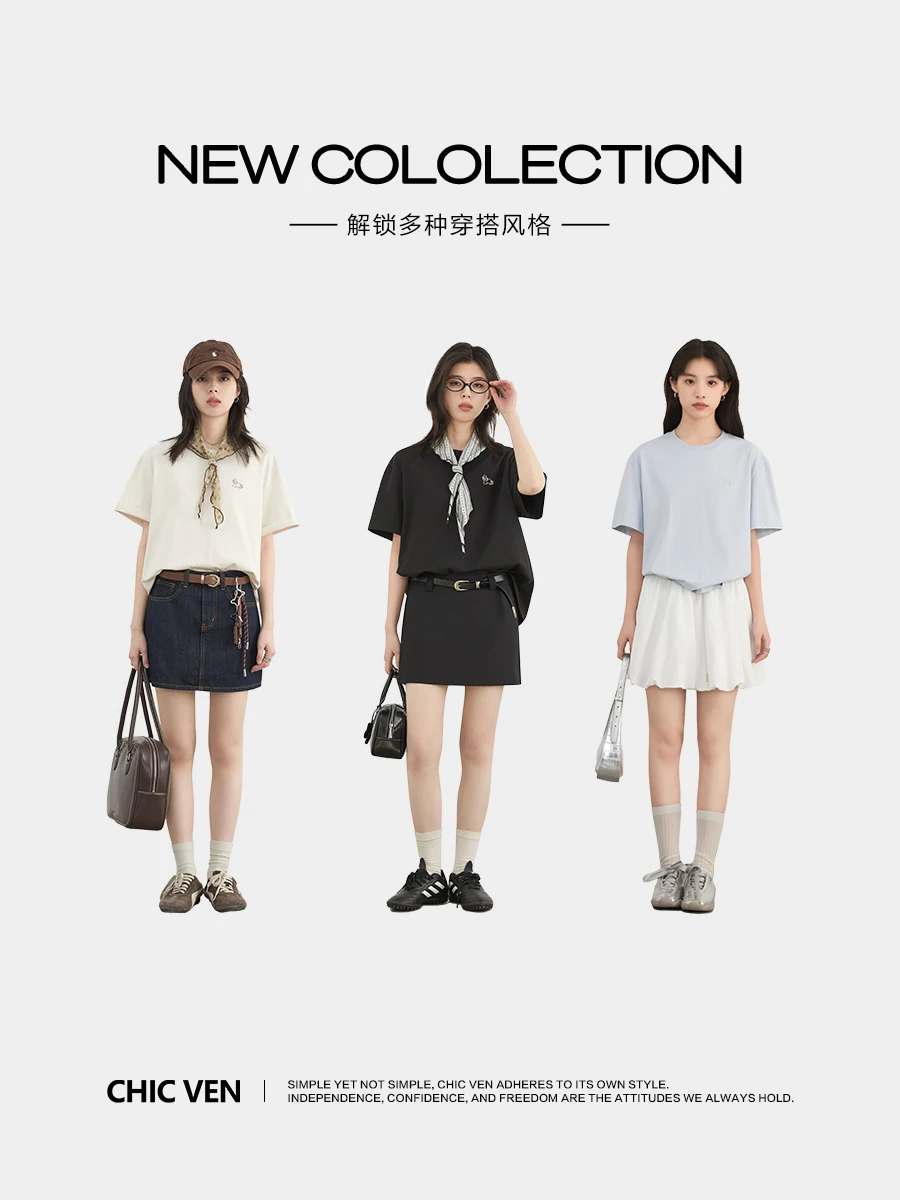 CHIC VEN 여성 티셔츠 루즈 캐주얼 뉴 라운드 넥 개 자수 반팔 기본 티셔츠 솔리드 여성 탑 여름 2025