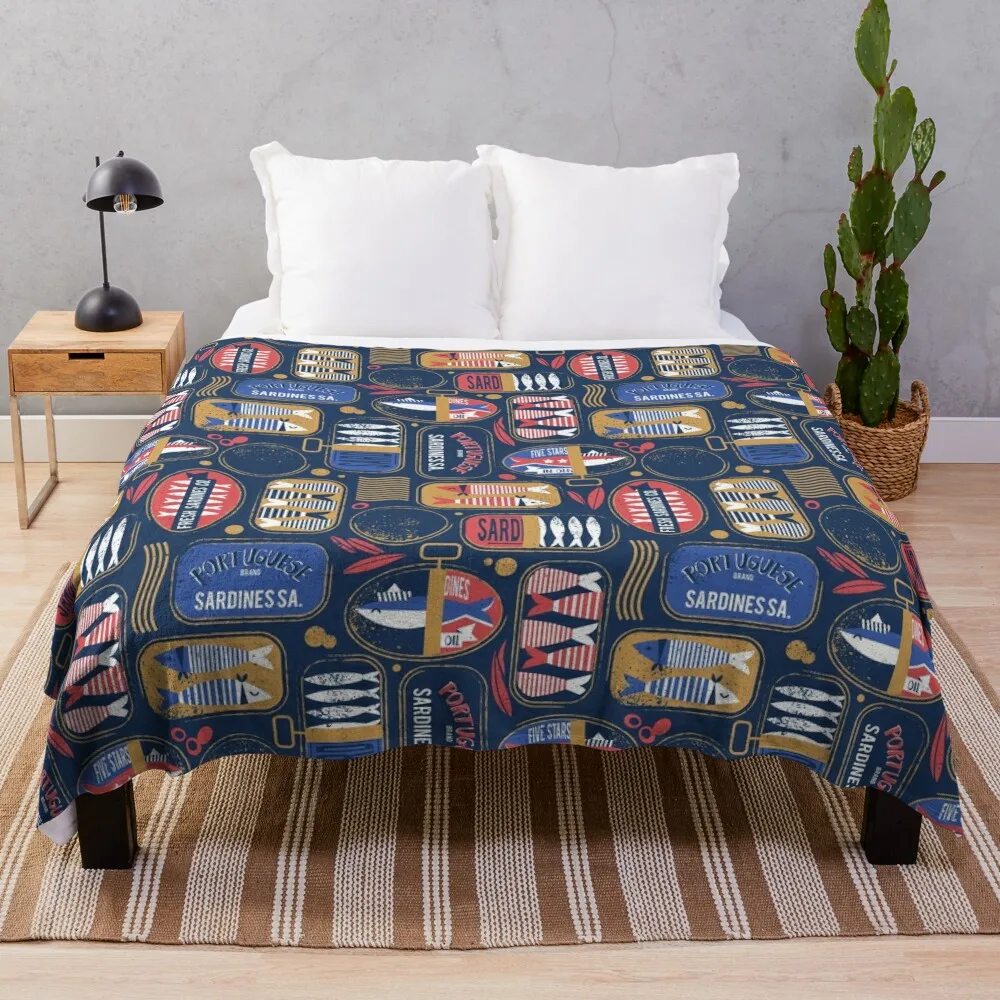 

Vintage canned sardines // navy blue background electric blue and mandy red cans Throw Blanket christmas gifts sofa bed Blankets