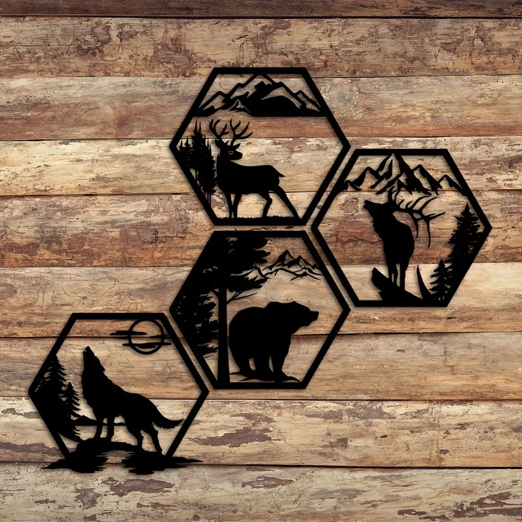 4pcs Home Decorative Frames Elk Deer Wolf Bear Hexagonal Metal Wall Sculpture Leaked Rustic Forest Decor Wilderness Decoration