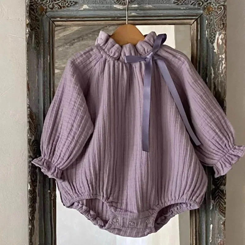 ZOETOPKID Newborn Baby Clothes Spring New Korean Baby Girl's One Piece Clothes Ribbon Ruffled Collar Climbing Clothes
