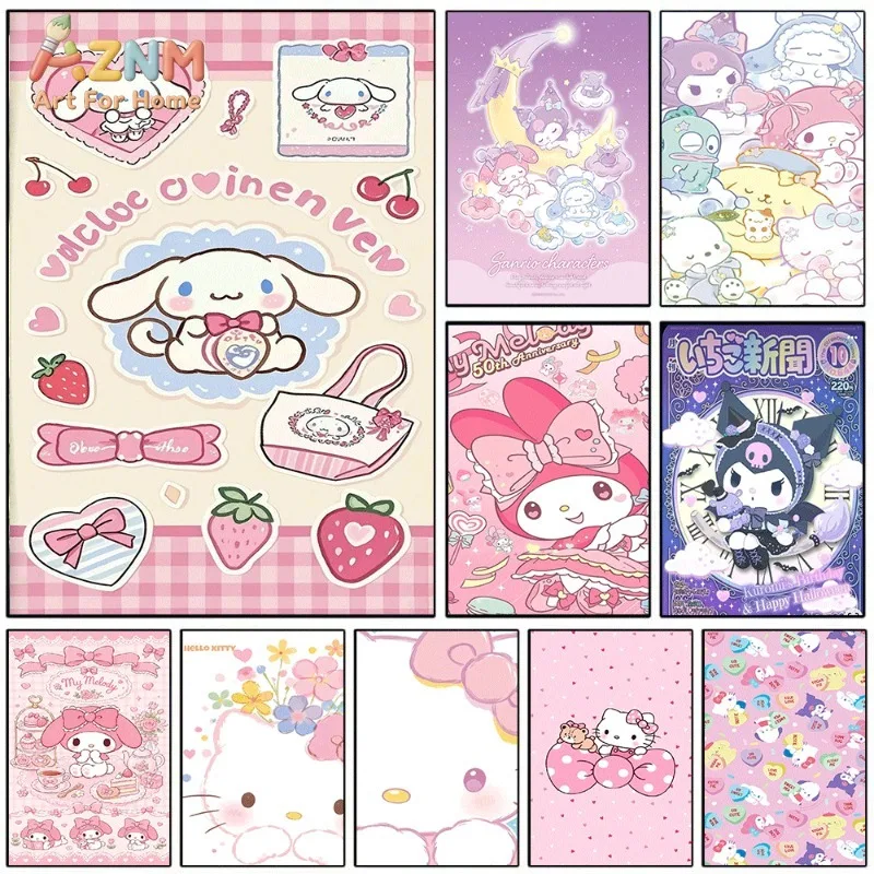 Cinnamoroll Hello Kitty My Melody Kuromi Canvas Poster Cute Sanrio Cartoon Print Unframed Canvas Art Pink Strawberry Sweet