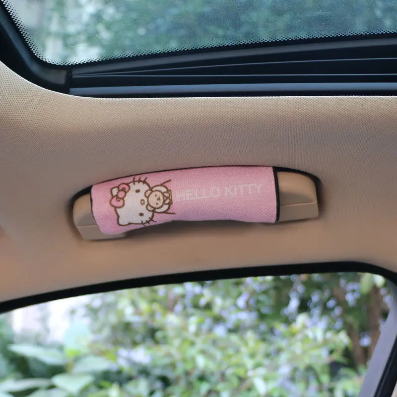 2PCS Cartoon Car Handrail Cover Car Roof Pull Gloves Kitty Lovely Car Accessories Car Interior Seat Belt Guard Shoulder