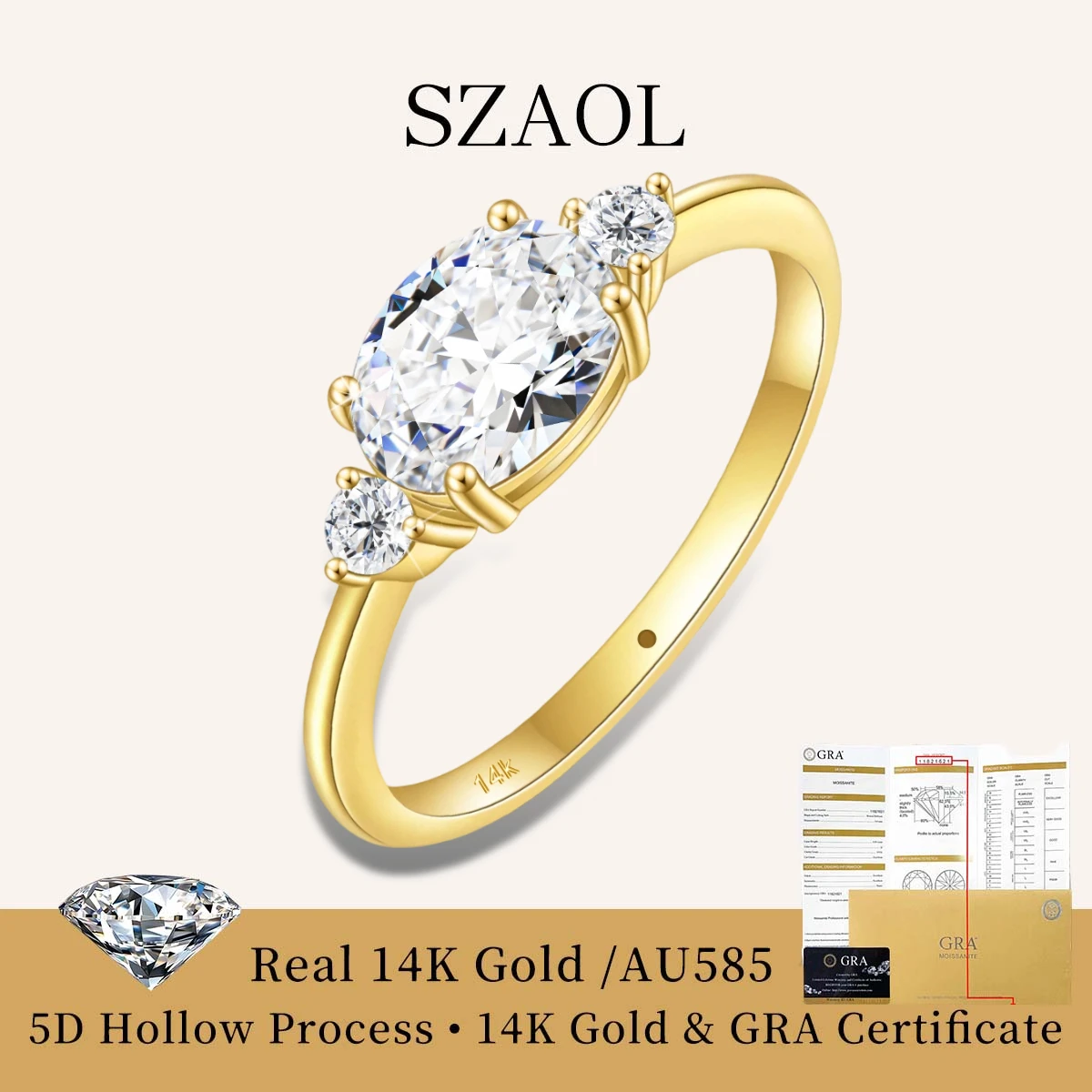 

Hypoallergenic 14K Gold Hollow Three Stone Four-Prong 1.5ct Oval Moissanite Ring Sparkling Wedding Eternity Band Jewelry for her