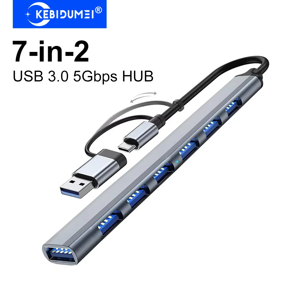 

7-портовый концентратор USB/Type-C, USB-док-станция, мульти-USB-сплиттер, USB-адаптер OTG USB 3.0, концентратор передачи 5 Гбит/с для ноутбука Macbook