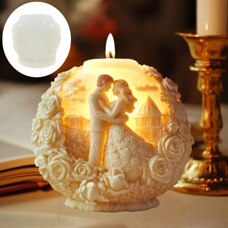 Couples embrace embossed spherical candle silicone mold groom bride rose flowers Ball Valentine's Day gift resin gypsum molds