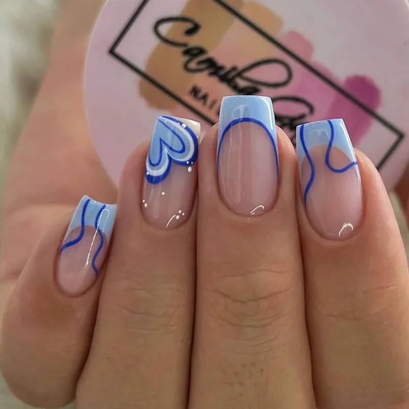 

24PCS blue ballet-shaped fake nails, blue butterfly pattern, blue flower pattern decoration, delicate and elegant, suitable for