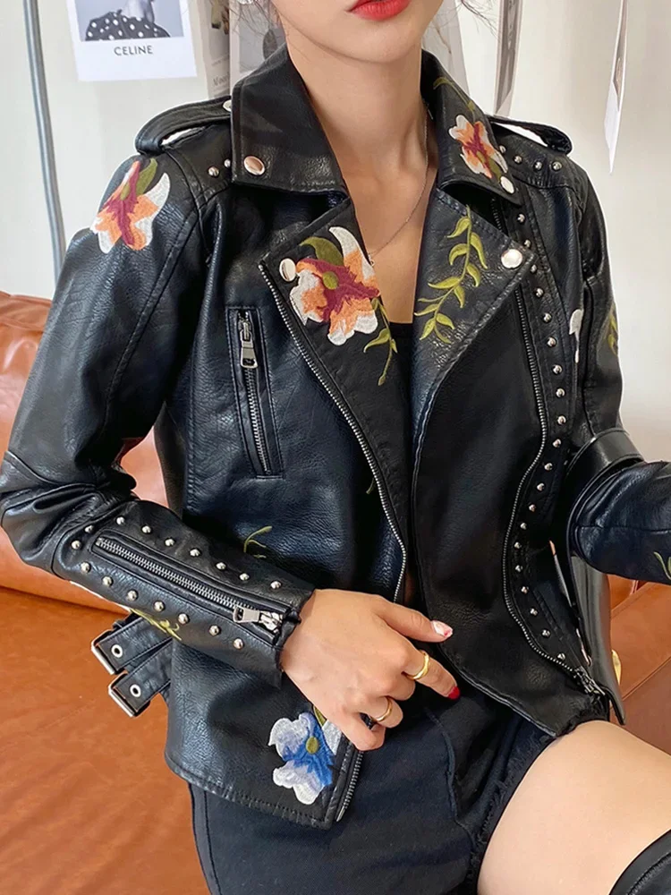

Women Vintage Floral Print Embroidery Short Black Pu Faux Leather Jacket Spring Autumn Female Zipper Coat Retro Outwear