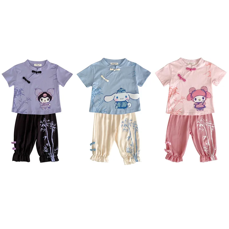 Kawaii My Melody Kuromi Cinnamoroll New Chinese Style Girls T-Shirt Set Summer Anime Sanrio Girly Heart Cute Anti-Mosquito Pants