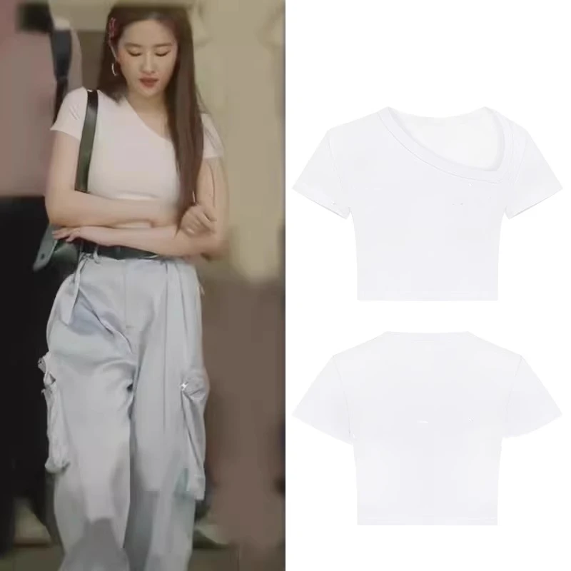 

EXJR Rose Story Women's White Asymmetrical Shoulder Short Sleeve T-Shirt Cotton Casual Summer Workwear Pants Hot Girl