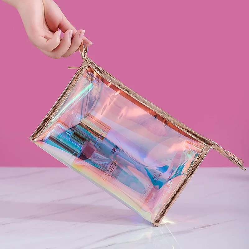 

Holographic Iridescent Makeup Bag Portable Waterproof Cosmetic Zippered Toiletry Bag for Travel Women