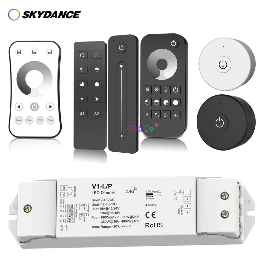 

V1-L/P Single Color Dimmer 12-48V R11 1 Zone monochrome LED Strip Dimming Kit Wireless 2.4G RF Remote Control Push Switch Dimmer