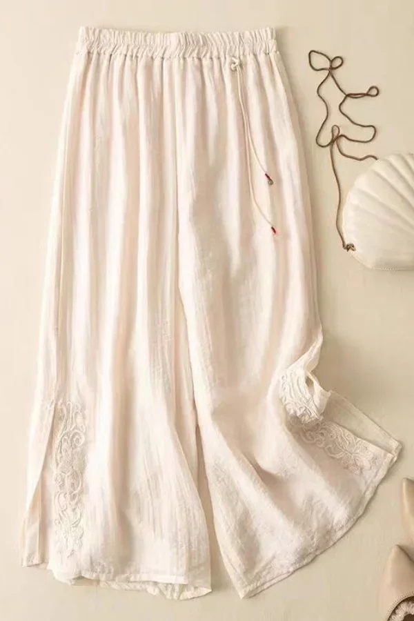 女性用サマールーズレトロ刺繍入りコットンリネンカジュアルパンツ