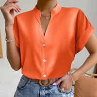 Summer Minimalist Women's V-neck Shirt 2025 Elegant Womens Satin Orange Short Sleeve Single Breasted Casual Fitting Office Shirt