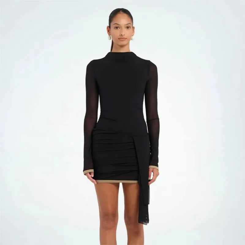 2025 été nouveau Sexy col rond Patchwork ruban cravate-détail à volants moulante Mini robe pour les femmes fille chaude Clubwear et robe de soirée