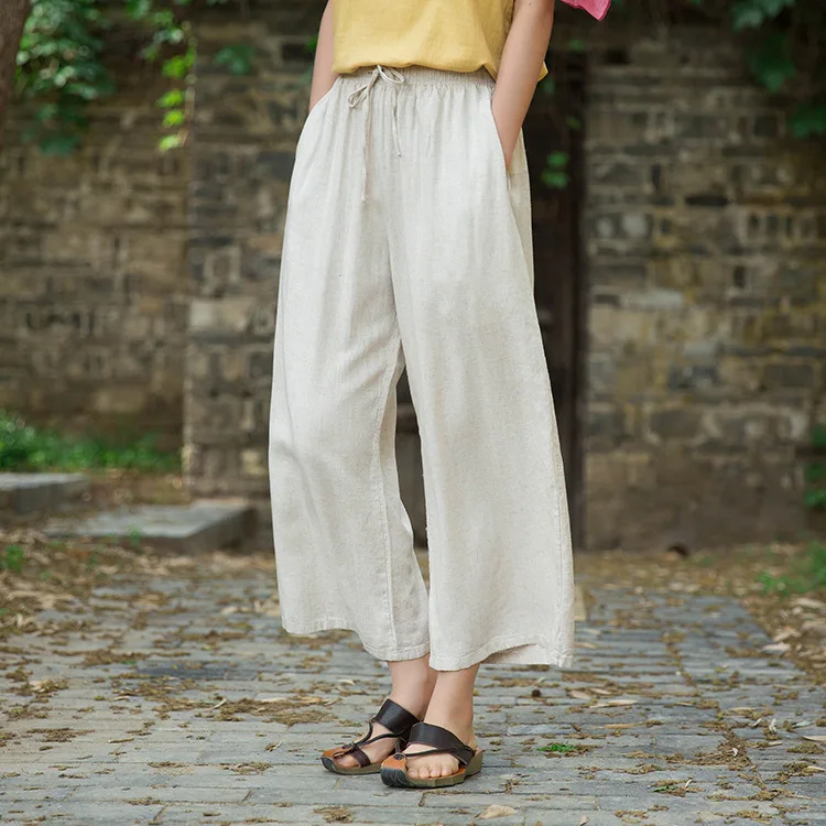 Nowe spodnie z szerokimi nogawkami na wiosnę/lato: luźne, cienkie, artystyczne lniane kuloty do jogi i podróży