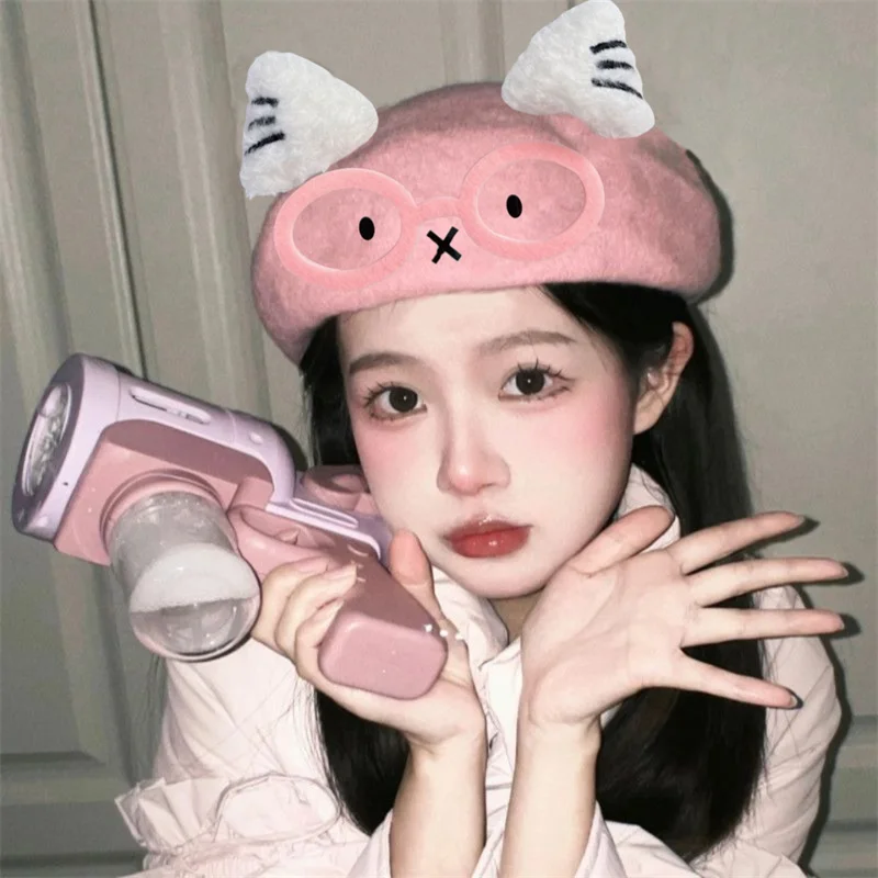 Sweet 3D Cat Ear Plush Beret For Women, Kawaii Pink Fuzzy Beret Hat With Cartoon Glasses Ornament Y2K Aesthetic Painter Cap Fall