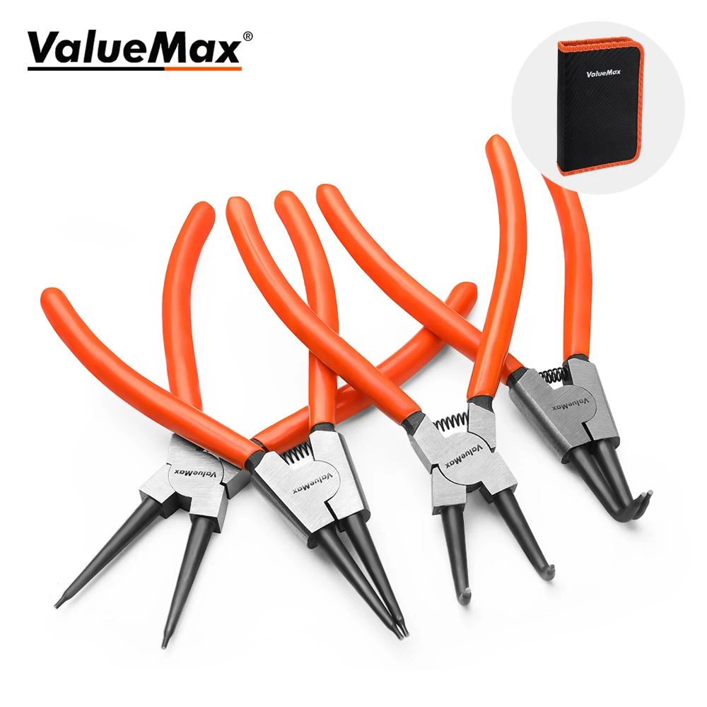 

ValueMax 4PC Snap Ring Pliers Set Circlip Pliers Kit 165MM Internal External Curved Pliers Set Professional Hand Tools with Bag