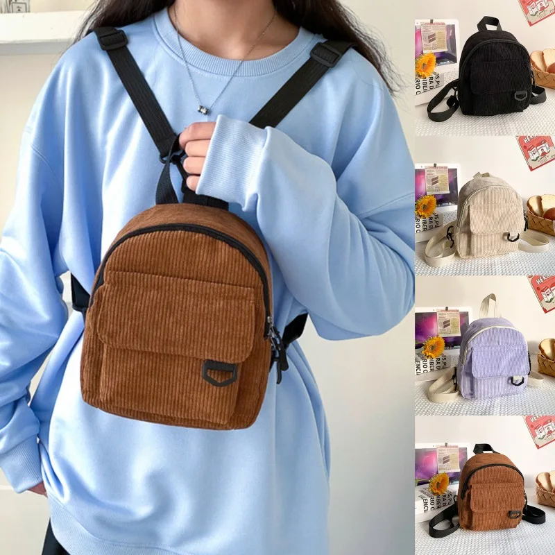 

Fashion Women Mini Backpack Solid Color Corduroy Small Backpacks Simple Casual Student Bookbags Traveling Backpack