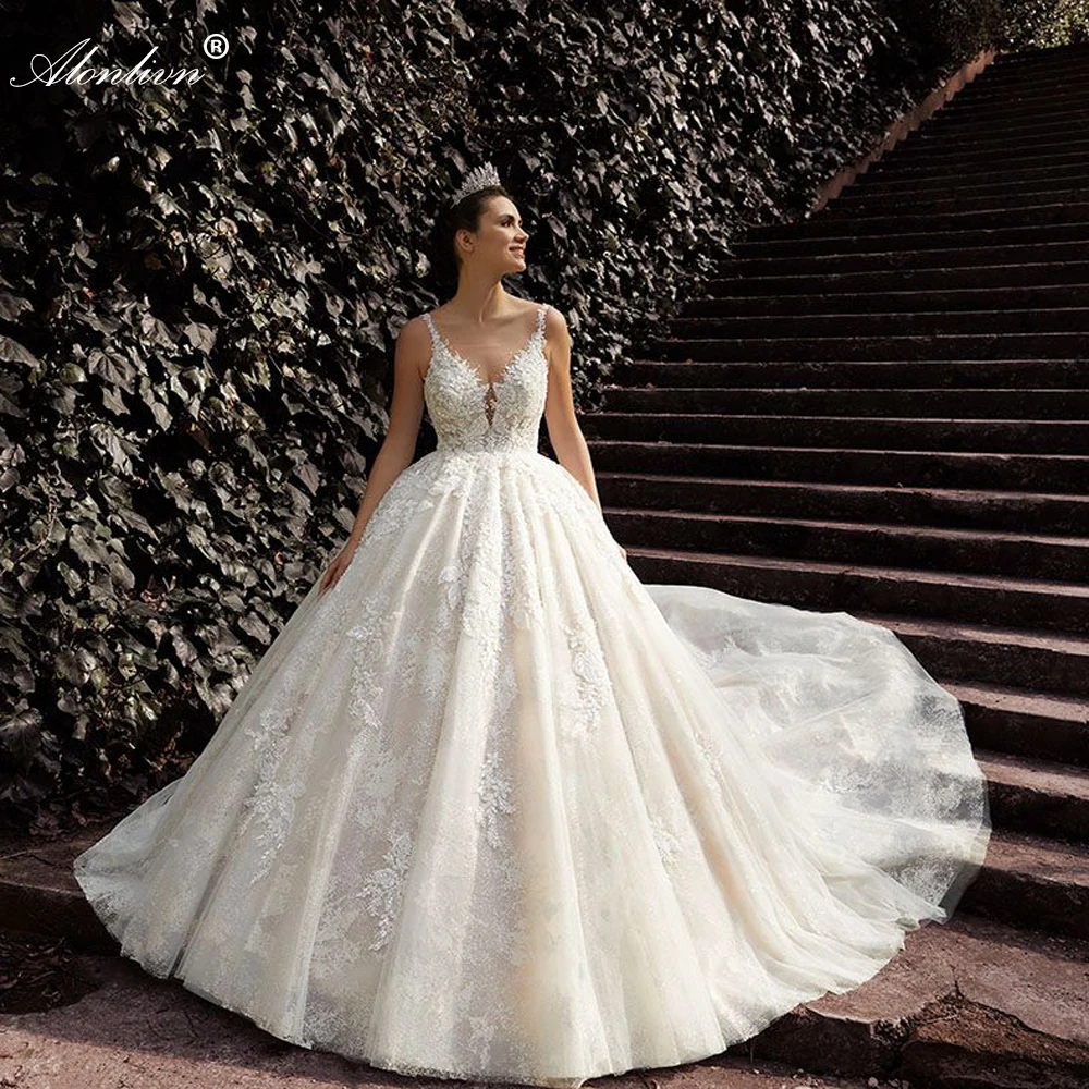 Alonlivn-vestido de novia de encaje bordado con perlas y abalorios, vestido de princesa con tirantes finos, vestidos de novia