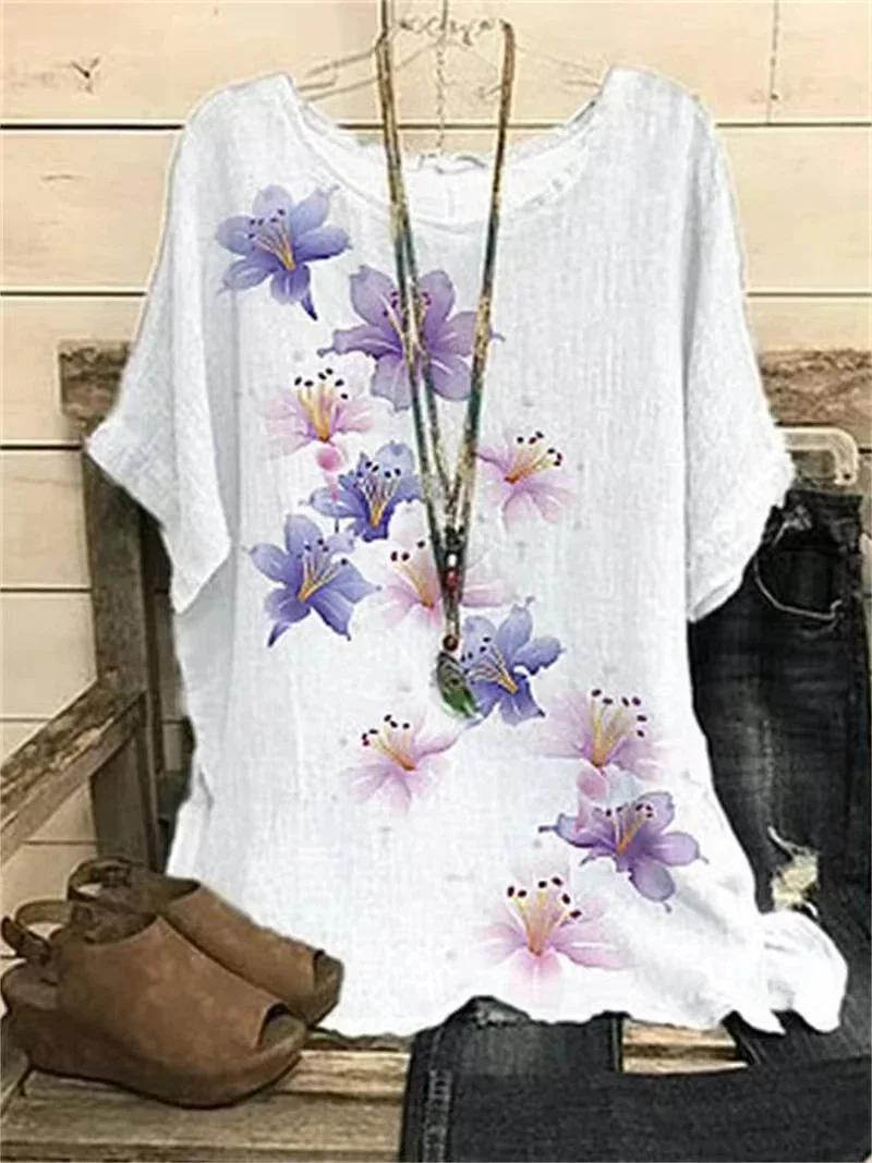 Vintage Women T-Shirt O-Neck Oversized Tee Elegant Flower Image Ladies Clothing Summer Short Sleeve Top Harajuku Female Pullover