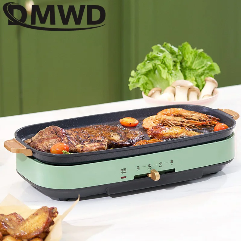 DMWD Electric Grill Non-stick Barbecue Machine Smokeless Korean Style Hotplate BBQ Teppanyaki Tools Household Grilled Meat Pan