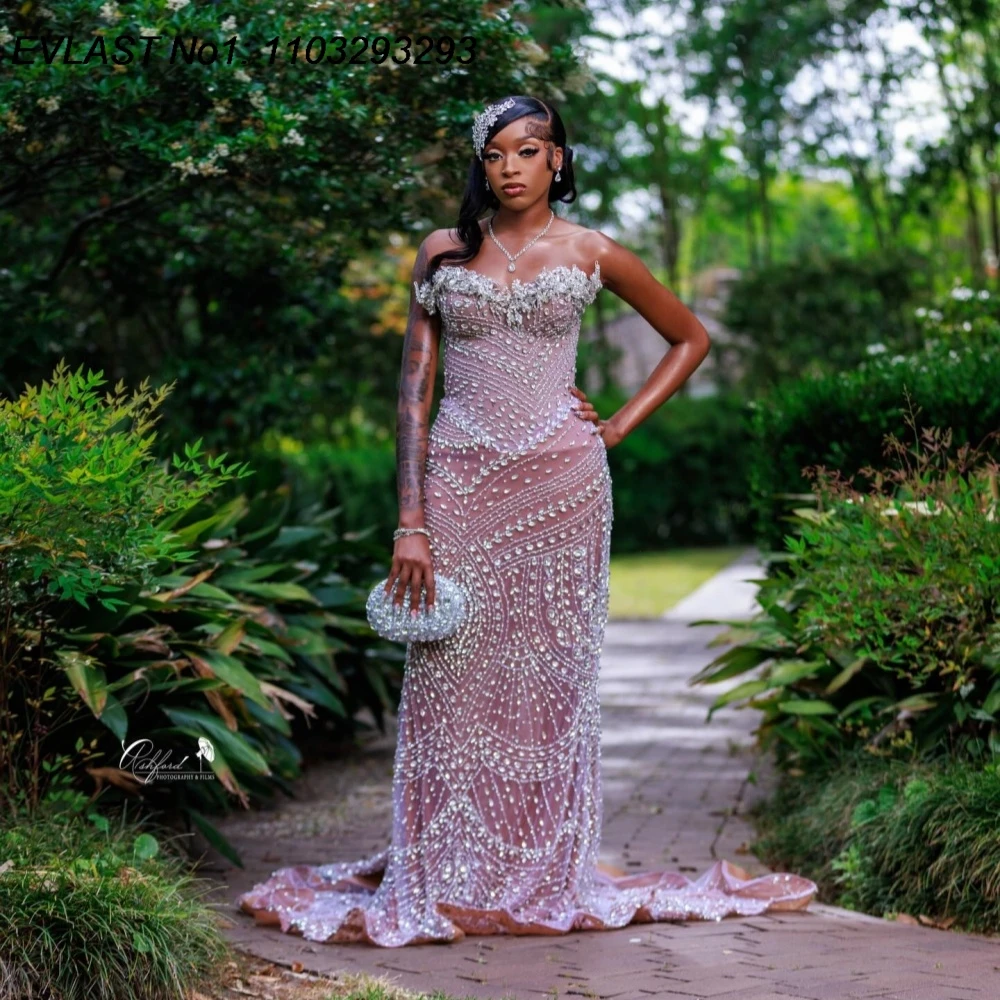 

EVLAST Customized Sparkly Champagne Mermaid Prom Dress Black Girl Shiny Diamond Crystal Beaded African Party Evening Gown FP124