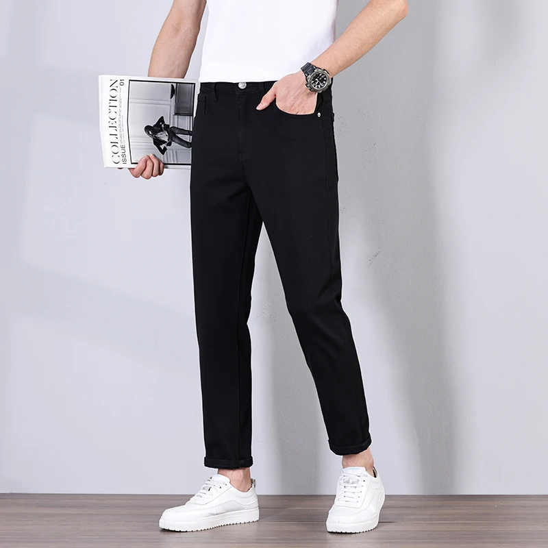 กางเกงยีนส์ระดับไฮเอนด์ใหม่สีดําบริสุทธิ์โดยไม่ซีดจางในฤดูใบไม้ผลิและฤดูร้อนบางเข้ารูปพอดียืดหยุ่นทุกอย่างเท้าตรงขนาดเล็กเก้าจุด