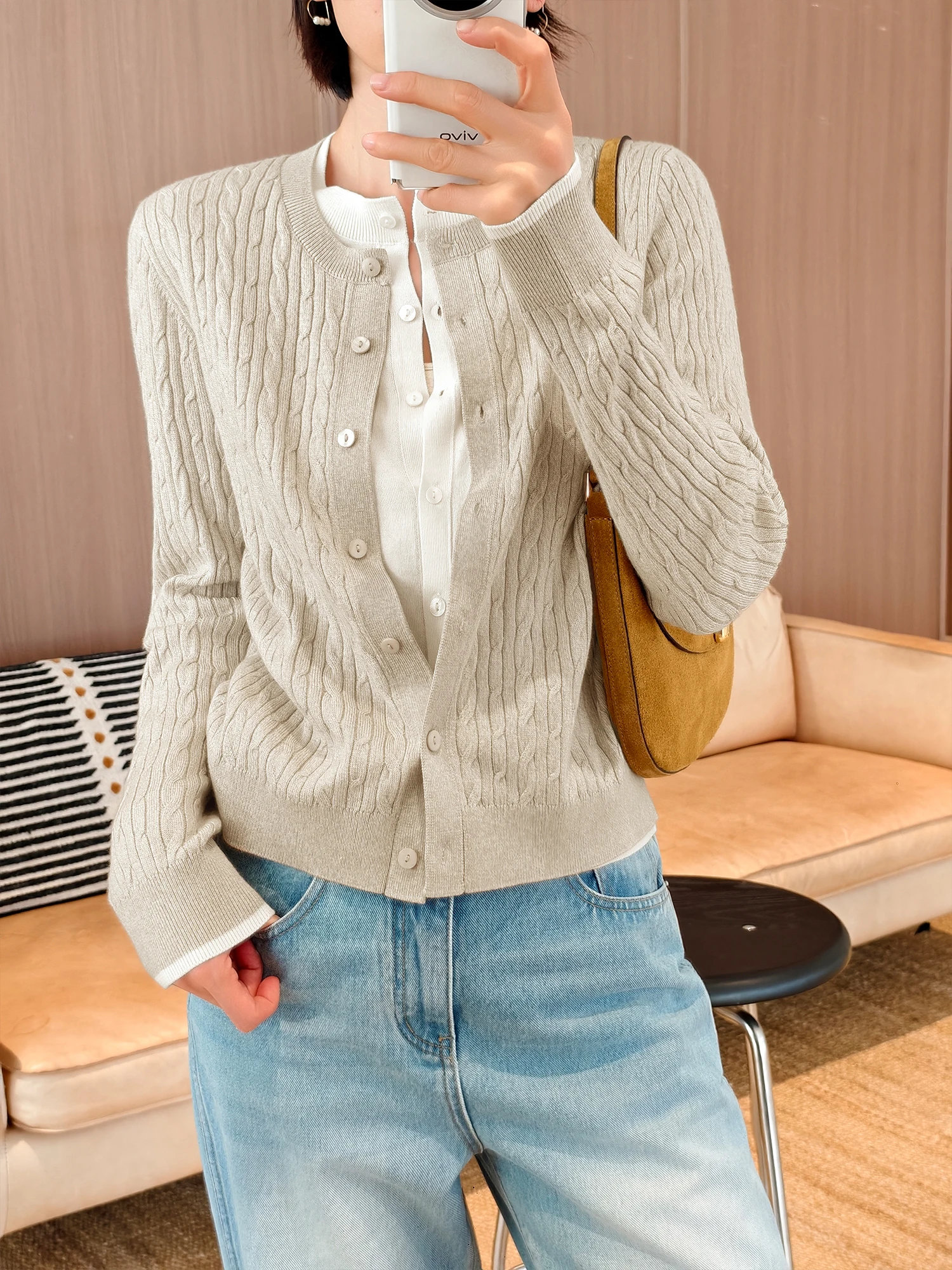 

Slimming Knitted Sweater Cardigan Women's Early Spring oulder Lengthened Flower Twist Fake Two-Piece Straight Tube Sle