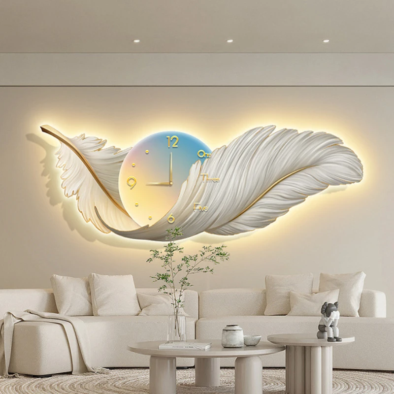 Home Decor Three-dimensional Luminous Feather LED Lights Wall Hanging Clock Living Room Wall Decoration Clock Hanging Picture