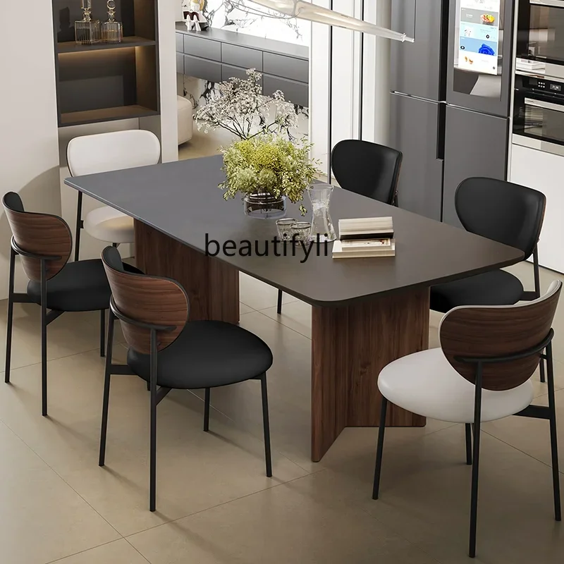 

A13 Minimalist Stone Plate Dining Table Modern Light Luxury Designer High-Grade Mid-Ancient Style Solid Wood Dining Table and Ch