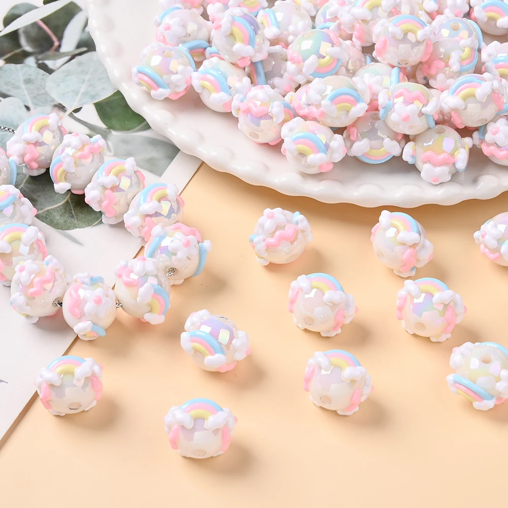 10Pcs Pink-White Hand-drawn Resin Focus Beads For DIY Handmade Beaded Pen Keychain Bracelet Necklace Crafts Making Accessories